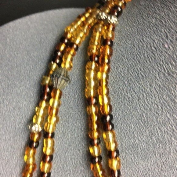 Long Double Strand Necklace Amber Brown Beads Fluted Silver Retro Boho Hippie - Picture 2 of 6